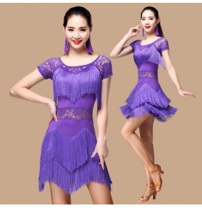 Purple violet red black fuchsia hot pink royal blue lace hollow waistline patchwork women's ladies female competition performance latin salsa samba cha cha dance dresses outfits